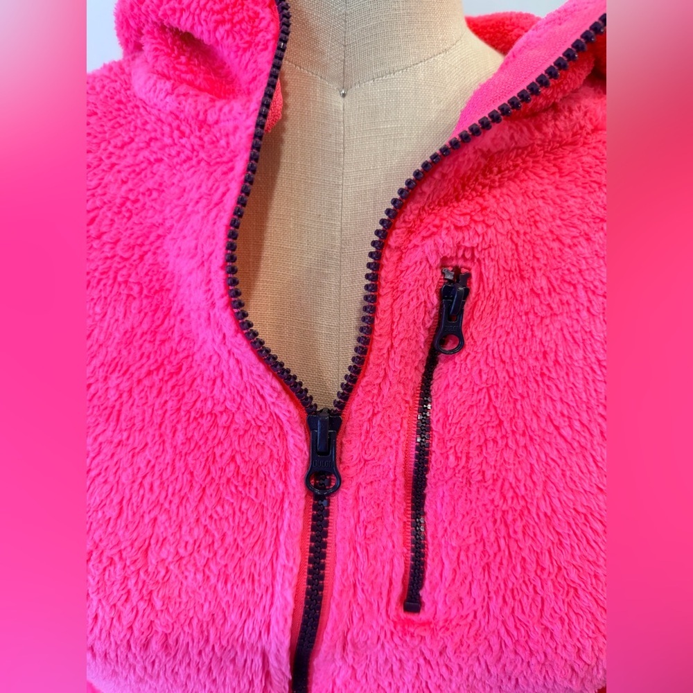 Neon Pink Sherpa Fleece Zip Hoodie Jacket Y2K Athleisure Cozy XS - Picture 5 of 12